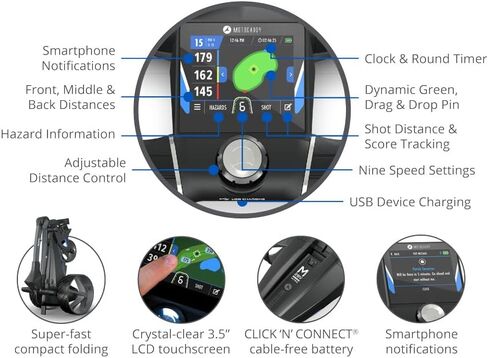 Motocaddy New M5 GPS DHC Electric Caddy Cart Bundle with Holders for Umbrella/Scorecard/Drink, Device Cradle, Bushnell Wingman, 5 Ball Markers, & 1 Magnetic Hat Clip in Kuwait