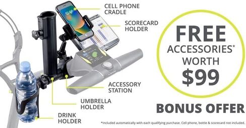 Motocaddy New M5 GPS DHC Electric Caddy Cart Bundle with Holders for Umbrella/Scorecard/Drink, Device Cradle, Bushnell Wingman, 5 Ball Markers, & 1 Magnetic Hat Clip in Kuwait