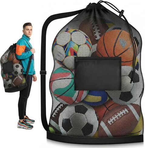 Extra Large Mesh Ball Bag with Pocket, Holds 12 Soccer Balls, Heavy Duty Drawstring Basketball Net Bag, Team Coaches Sports Equipment Storage Duffle Sack for Volleyball, Swimming Gear in Saudi Arabia