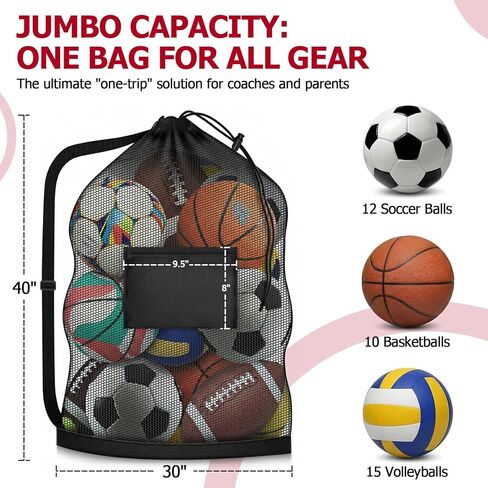 Extra Large Mesh Ball Bag with Pocket, Holds 12 Soccer Balls, Heavy Duty Drawstring Basketball Net Bag, Team Coaches Sports Equipment Storage Duffle Sack for Volleyball, Swimming Gear in Saudi Arabia