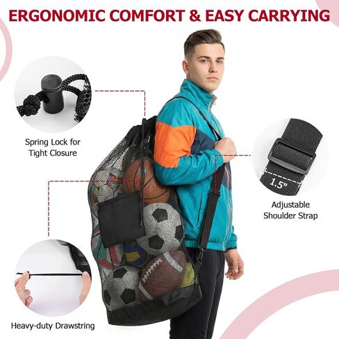 Extra Large Mesh Ball Bag with Pocket, Holds 12 Soccer Balls, Heavy Duty Drawstring Basketball Net Bag, Team Coaches Sports Equipment Storage Duffle Sack for Volleyball, Swimming Gear in Saudi Arabia