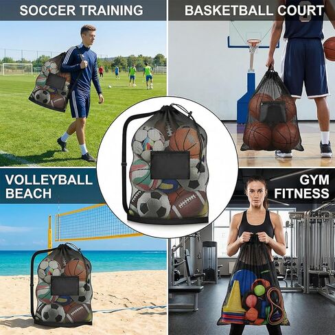 Extra Large Mesh Ball Bag with Pocket, Holds 12 Soccer Balls, Heavy Duty Drawstring Basketball Net Bag, Team Coaches Sports Equipment Storage Duffle Sack for Volleyball, Swimming Gear in Saudi Arabia