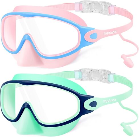 Vvinca Kids Swim Goggles with Nose Cover & Attached Earplugs, Anti-Fog Wide View Swimming Goggles for Boys Girls 3-12 in Kuwait