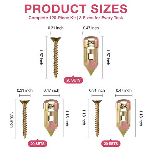 3 Sizes Self Drilling Drywall Anchors with Screws Kit, 120PCS Heavy Duty Galvanized Metal Expansion Anchors, Drywall Grip Anchors and Screws for Shelf, Mirror, Pictures Frames in Saudi Arabia