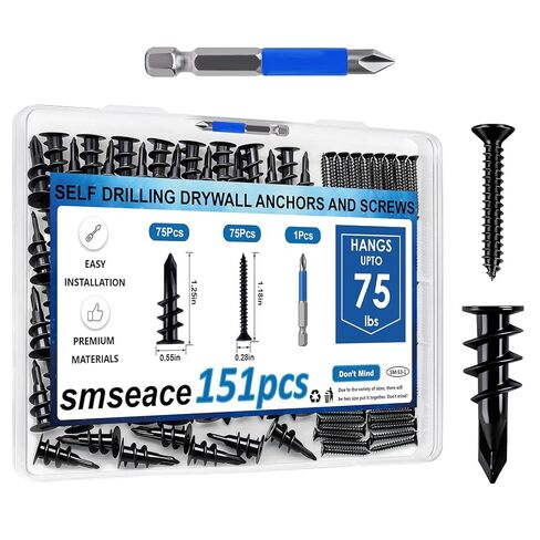smseace 151 قطعة من مثبتات الحوائط الجافة ذاتية الحفر باللون الأسود مع مجموعة براغي، 75 قطعة #8 برغي ذاتي اللصق، 75 قطعة من مرساة الحوائط الجافة، قطعة واحدة من لقمة الحفر تحمل ما يصل إلى 75 رطلًا in Kuwait