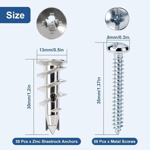 مجموعة 116 قطعة من مثبتات ومسامير الحوائط الجافة ذاتية الحفر من الزنك، مثبتات حائط معدنية شديدة التحمل، #6 × 1-1/4 بوصة مع سعة تحميل 50 رطل، للتعليق والتركيب على الحائط المنزلي in Kuwait