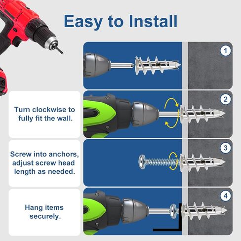 مجموعة 116 قطعة من مثبتات ومسامير الحوائط الجافة ذاتية الحفر من الزنك، مثبتات حائط معدنية شديدة التحمل، #6 × 1-1/4 بوصة مع سعة تحميل 50 رطل، للتعليق والتركيب على الحائط المنزلي in Kuwait