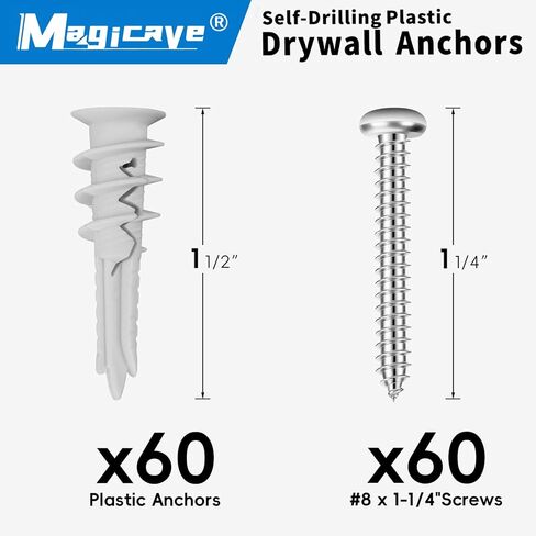 Self Drilling Drywall Anchors with Screws Kit 120 Pcs, No Pre Drill Required, Heavy Duty Holds Up to 75 LB, #8 x 1-1/4, for Sheetrock Shelves and Mirrors in Kuwait