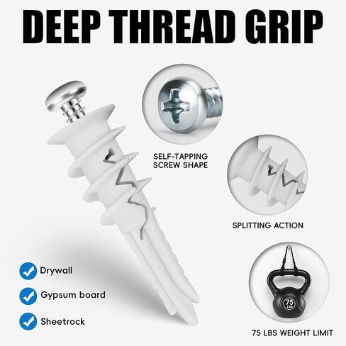 Self Drilling Drywall Anchors with Screws Kit 120 Pcs, No Pre Drill Required, Heavy Duty Holds Up to 75 LB, #8 x 1-1/4, for Sheetrock Shelves and Mirrors in Kuwait