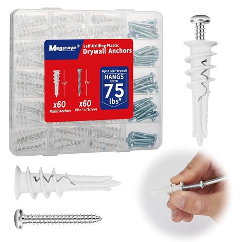 Self Drilling Drywall Anchors with Screws Kit 120 Pcs, No Pre Drill Required, Heavy Duty Holds Up to 75 LB, #8 x 1-1/4, for Sheetrock Shelves and Mirrors in Kuwait