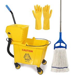 35 كيو تي. دلو ممسحة ذات ضغط جانبي ومجموعة عصارة على عجلات باللون الأصفر لتنظيف/مسح الأرضيات المهنية/الصناعية/الأعمال الثقيلة، بما في ذلك الممسحة الصناعية والقفازات المطاطية in Kuwait