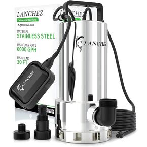 مضخة مستنقع LANCHEZ 1.6HP 6000GPH، مضخة مياه غاطسة من الفولاذ المقاوم للصدأ عالية التدفق مع مفتاح تعويم، مضخة مياه نقل أوتوماتيكية لحوض السباحة في الطابق السفلي من حوض السباحة، فضي in Kuwait