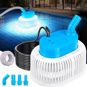Upgraded Pool Cover Pump Above Ground - Submersible Water Sump Pump with LED Lights, Pool Cover Water Removal Pumps for Pool Draining with 16FT Drainage Hose & 25FT Power Cord, 850 GPH, 4 Adapters in Saudi Arabia