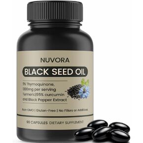 Nuvora Black Seed Oil Capsules with 5% Thymoquinone,Vitamin D3 & Omega, Cold Pressed, Non-GMO, Gluten-Free, Immune Balance & Daily Vitality,90 Count Softgels in Saudi Arabia