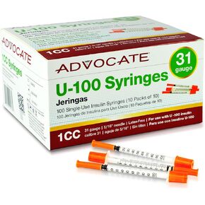 Advocate Insulin Syringe 31G 1cc 5/16 Inch, Box of 100 Surgical-Steel Needles with Clear Unit Markings and Smooth Plunger, Sterile Single-Use Diabetic Supplies, 1ml Jeringas para Insulina in Kuwait