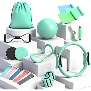 19PCS Pilates Kit, Mint Green Home Pilates Workout Kit for Women, Pilates Equipment with 14" Pilates Ring and Ball, Ankle Weights, Resistance Bands, Pilates Socks Accessories for Home Workout in Kuwait