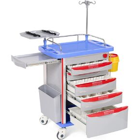 عربة التصادم الطبية مع أدراج من كاريبودا، عربة دوارة للطوارئ مع عجلات صامتة، عمود IV قابل للتعديل، شرائط الطاقة، سلة مهملات ABS، حامل O2، للمستشفيات والعيادة ومراكز التمريض، 350 رطل in Kuwait