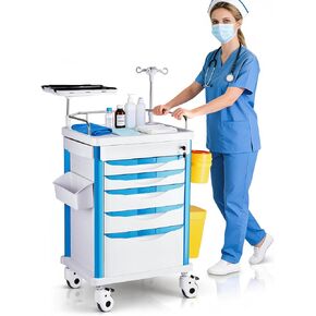 Crash Cart Medical ABS Material, Medical Cart with Drawers, Adjustable IV Pole, Silent Casters, Trash Bins, O2 Holder, Needle Disposal Holder, CPR Board, Nursing Cart for Hospital Clinic in Saudi Arabia