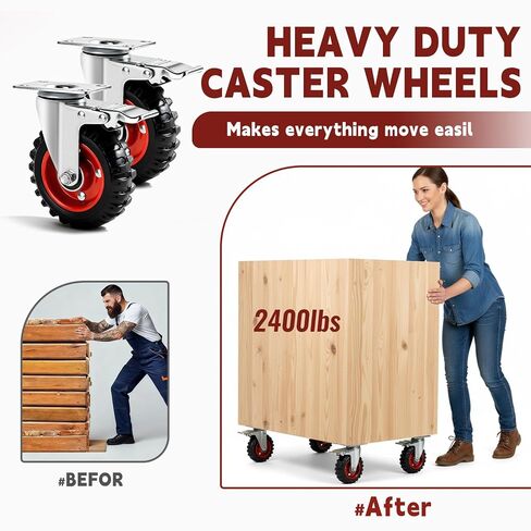 5 Inch Caster Wheels Heavy Duty with Dual-Lock Safety Brake and Rubber Tire Wheels, Heavy Duty - 400 Lbs Per Caster for Workbench, Trolley, Cabinet, Swivel Rubber Wheel 4-Packs with mounting Hardware in Kuwait