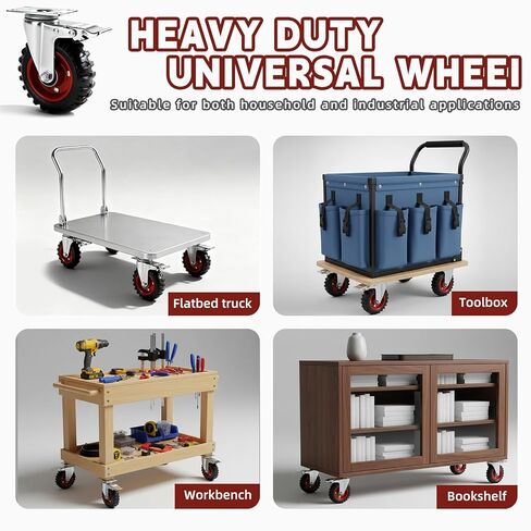 5 Inch Caster Wheels Heavy Duty with Dual-Lock Safety Brake and Rubber Tire Wheels, Heavy Duty - 400 Lbs Per Caster for Workbench, Trolley, Cabinet, Swivel Rubber Wheel 4-Packs with mounting Hardware in Kuwait