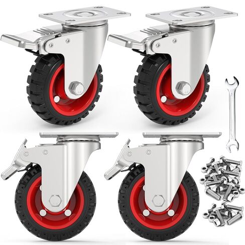 5 Inch Caster Wheels Heavy Duty with Dual-Lock Safety Brake and Rubber Tire Wheels, Heavy Duty - 400 Lbs Per Caster for Workbench, Trolley, Cabinet, Swivel Rubber Wheel 4-Packs with mounting Hardware in Kuwait