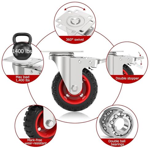 5 Inch Caster Wheels Heavy Duty with Dual-Lock Safety Brake and Rubber Tire Wheels, Heavy Duty - 400 Lbs Per Caster for Workbench, Trolley, Cabinet, Swivel Rubber Wheel 4-Packs with mounting Hardware in Kuwait