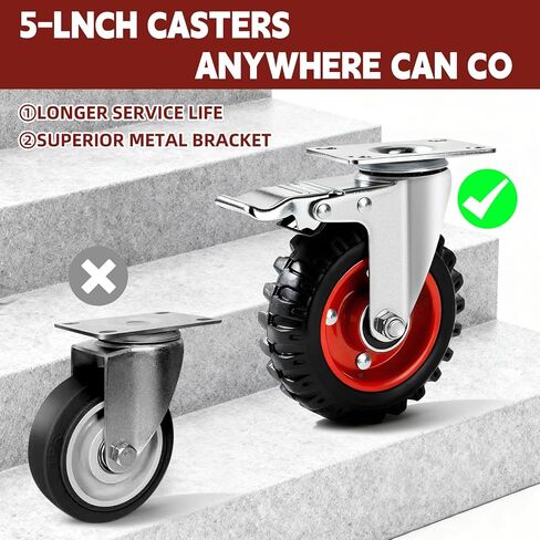 5 Inch Caster Wheels Heavy Duty with Dual-Lock Safety Brake and Rubber Tire Wheels, Heavy Duty - 400 Lbs Per Caster for Workbench, Trolley, Cabinet, Swivel Rubber Wheel 4-Packs with mounting Hardware in Kuwait