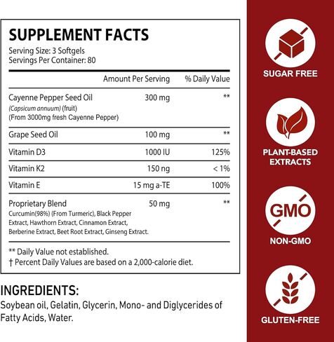 كبسولات الفلفل الحار 240 كبسولة هلامية - مكملات كابسيسين 12 في 1 مع فيتامين د3، ك2 وهـ، الكركم، جذر البنجر، مستخلص الفلفل الأسود - يدعم الدورة الدموية، صحة الجهاز الهضمي، الطاقة اليومية in Kuwait
