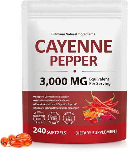 Cayenne Pepper Capsules 3000mg Per Serving, Cayenne Pepper Softgels Supplement with Vitamin E D3+K2, Supports Heart and Blood Vessel Health, 240 Softgels in Kuwait