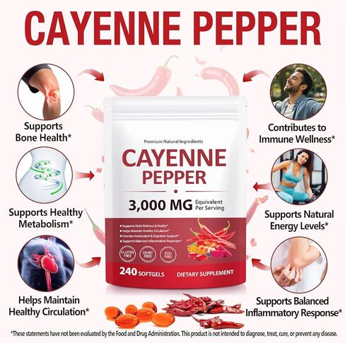 Cayenne Pepper Capsules 3000mg Per Serving, Cayenne Pepper Softgels Supplement with Vitamin E D3+K2, Supports Heart and Blood Vessel Health, 240 Softgels in Kuwait