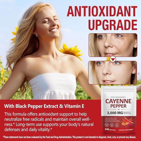 Cayenne Pepper Capsules 3000mg Per Serving, Cayenne Pepper Softgels Supplement with Vitamin E D3+K2, Supports Heart and Blood Vessel Health, 240 Softgels in Kuwait