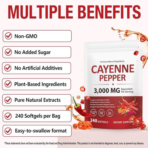 Cayenne Pepper Capsules 3000mg Per Serving, Cayenne Pepper Softgels Supplement with Vitamin E D3+K2, Supports Heart and Blood Vessel Health, 240 Softgels in Kuwait