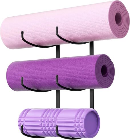 Yoga Mat Holder Wall Mount, 3-Tier Storage Rack for Yoga Mat, Foam Roller, Block, Yoga Accessories, Wall Organizer for Home Gym, Gym, Workout Room, Metal, Black in Saudi Arabia