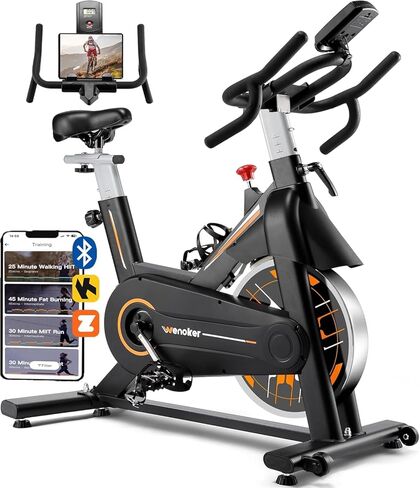 Exercise Bike, Wenoker Stationary Bike for Home App Sync Indoor Bike with Adjustable Seat and Multi-grips Handlebar, Transport Wheels and Fitness Courses for Weight Loss in Kuwait