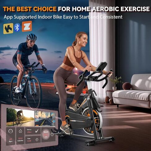 Exercise Bike, Wenoker Stationary Bike for Home App Sync Indoor Bike with Adjustable Seat and Multi-grips Handlebar, Transport Wheels and Fitness Courses for Weight Loss in Kuwait