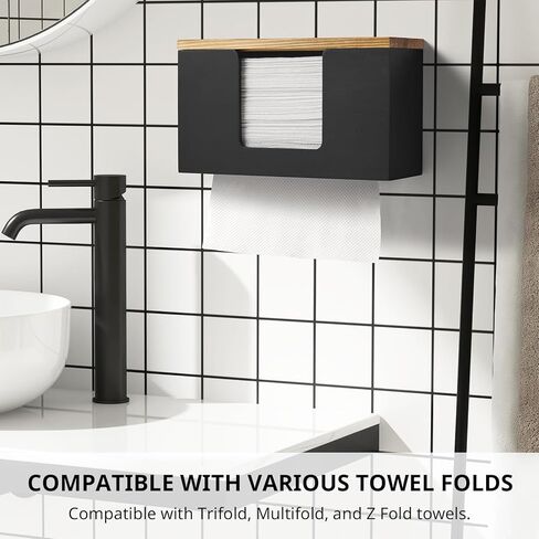 Paper Towel Dispenser Wall Mount, Wooden Bathroom Paper Towel Holder with Lid for Home and Commercial, C-Fold, Z-Fold, Trifold Paper Hand Towel Dispenser for Bathroom Kitchen Restroom, Black in Saudi Arabia