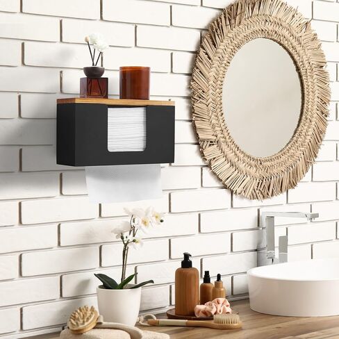 Paper Towel Dispenser Wall Mount, Wooden Bathroom Paper Towel Holder with Lid for Home and Commercial, C-Fold, Z-Fold, Trifold Paper Hand Towel Dispenser for Bathroom Kitchen Restroom, Black in Saudi Arabia