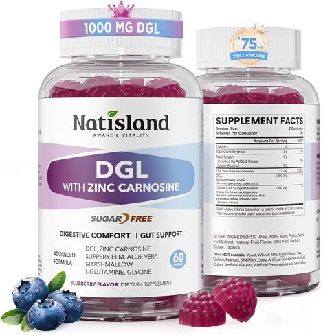 DGL & Zinc Carnosine Gummies, Supports Occasional Stomach Upset & Digestive Comfort, Deglycyrrhizinated Licorice 10:1 Extract, Gentle Gut bland for Stomach Lining Health, Sugar-Free, Non-GMO, 60ct in Kuwait