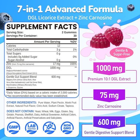 DGL & Zinc Carnosine Gummies, Supports Occasional Stomach Upset & Digestive Comfort, Deglycyrrhizinated Licorice 10:1 Extract, Gentle Gut bland for Stomach Lining Health, Sugar-Free, Non-GMO, 60ct in Kuwait