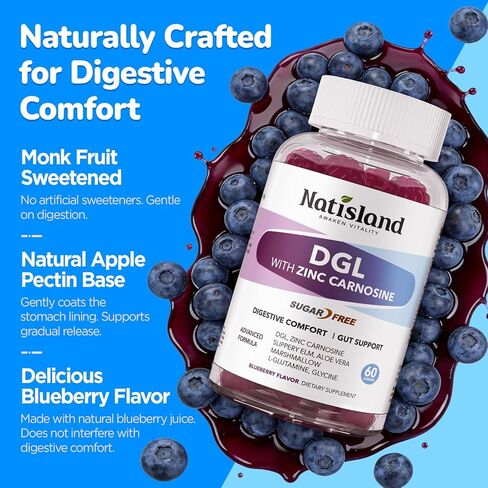 DGL & Zinc Carnosine Gummies, Supports Occasional Stomach Upset & Digestive Comfort, Deglycyrrhizinated Licorice 10:1 Extract, Gentle Gut bland for Stomach Lining Health, Sugar-Free, Non-GMO, 60ct in Kuwait