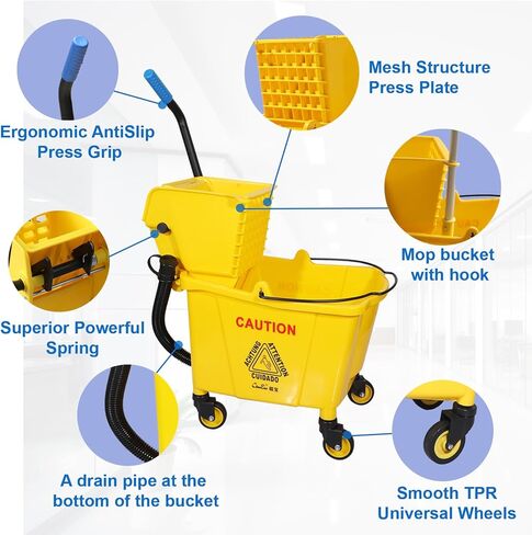 35 كيو تي. دلو ممسحة ذات ضغط جانبي ومجموعة عصارة على عجلات باللون الأصفر لتنظيف/مسح الأرضيات المهنية/الصناعية/الأعمال الثقيلة، بما في ذلك الممسحة الصناعية والقفازات المطاطية in Kuwait