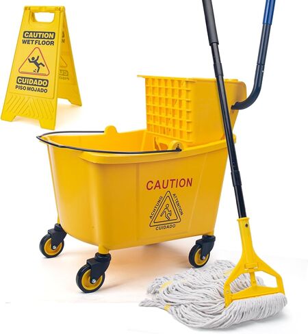 Kefanta 35 Qt Side Press Wringer Combo Commercial Mop Bucket on Wheels Set,Yellow,Include 1 Heavy Duty Industrial Mop for Floor Cleaning and Wet Floor Caution Sign in Saudi Arabia
