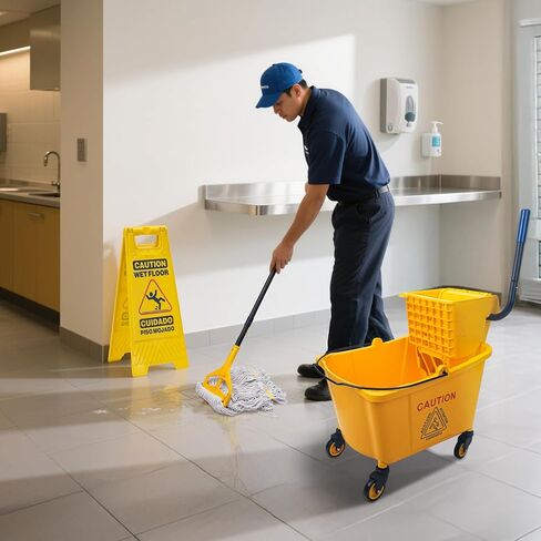 Kefanta 35 Qt Side Press Wringer Combo Commercial Mop Bucket on Wheels Set,Yellow,Include 1 Heavy Duty Industrial Mop for Floor Cleaning and Wet Floor Caution Sign in Saudi Arabia