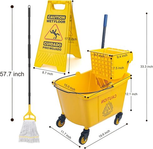 Kefanta 35 Qt Side Press Wringer Combo Commercial Mop Bucket on Wheels Set,Yellow,Include 1 Heavy Duty Industrial Mop for Floor Cleaning and Wet Floor Caution Sign in Saudi Arabia