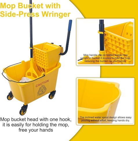 Kefanta 35 Qt Side Press Wringer Combo Commercial Mop Bucket on Wheels Set,Yellow,Include 1 Heavy Duty Industrial Mop for Floor Cleaning and Wet Floor Caution Sign in Saudi Arabia