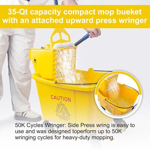 Kefanta 35 Qt Side Press Wringer Combo Commercial Mop Bucket on Wheels Set,Yellow,Include 1 Heavy Duty Industrial Mop for Floor Cleaning and Wet Floor Caution Sign in Saudi Arabia