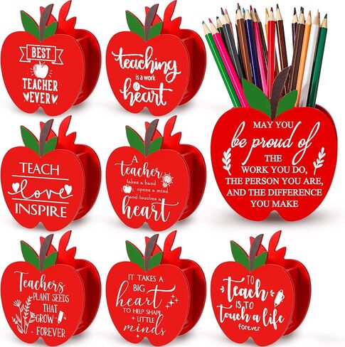 FUUTREO 8 PCS شكل من Apple Wooden Pencil Holder Holder Higiation Thans Thanks You Pencil Cup Marker Organizer for Desktop School Classroom Day Gift in Kuwait