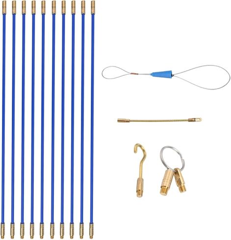 Fiberglass Cable Pulling Rod Set 10 Pieces 33cm x 4mm Flexible Electrical Wire Threader Kit with Guide Spring Hook Sliding Eye Connectors and Plastic Storage Case for Electricians Tradesmen and DIY in Kuwait