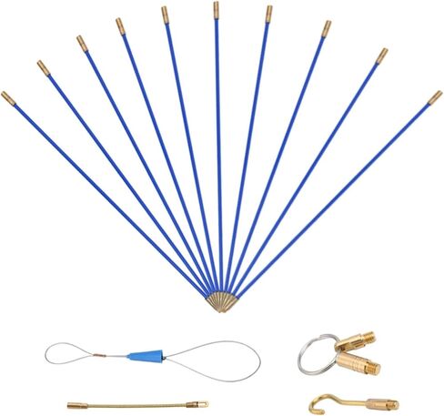 Fiberglass Cable Pulling Rod Set 10 Pieces 33cm x 4mm Flexible Electrical Wire Threader Kit with Guide Spring Hook Sliding Eye Connectors and Plastic Storage Case for Electricians Tradesmen and DIY in Kuwait