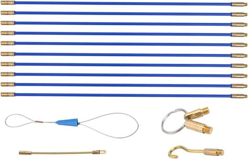 Fiberglass Cable Pulling Rod Set 10 Pieces 33cm x 4mm Flexible Electrical Wire Threader Kit with Guide Spring Hook Sliding Eye Connectors and Plastic Storage Case for Electricians Tradesmen and DIY in Kuwait